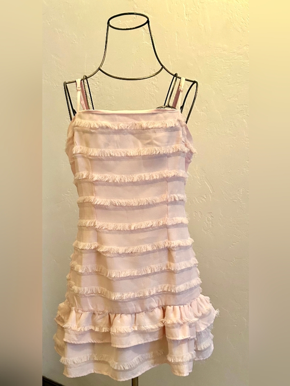 Women's Pink Fringe Mini Dress - Delicate Layered Ruffle